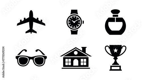 Six black icons for travel, luxury, and achievement on white background