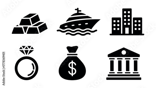 Collection of six black financial and luxury icons on white background