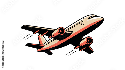 Stylized airplane in flight with red and beige accents on white background