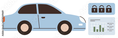 Blue car with data analysis chart and three lock icons representing vehicle safety, security monitoring, and analysis. Ideal for automotive safety, analysis, monitoring, security, transport