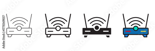 Set of minimalist wireless router icons with transparent background, depicting network devices, internet access, wifi connectivity, and technology, vector illustration