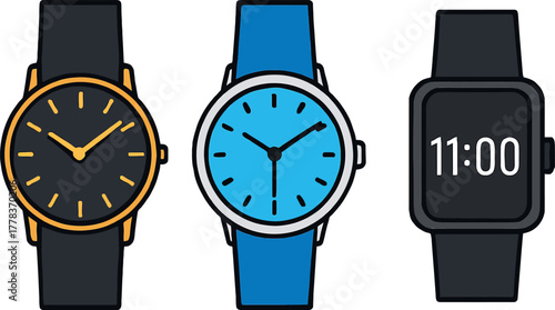 Three Different Timepieces Illustrating Classic and Modern Time Keeping Technology and Design Evolution Displaying Eleven OClock