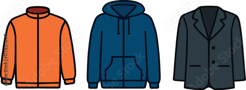 Variety of outerwear apparel isolated on white background featuring jacket hoodie and blazer for diverse wardrobe options and lifestyle choices