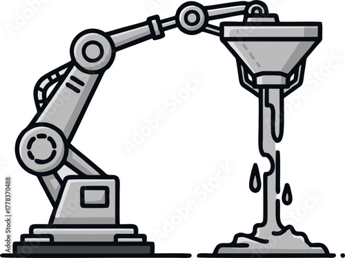 Robotic arm pouring liquid concrete, industrial automation concept.