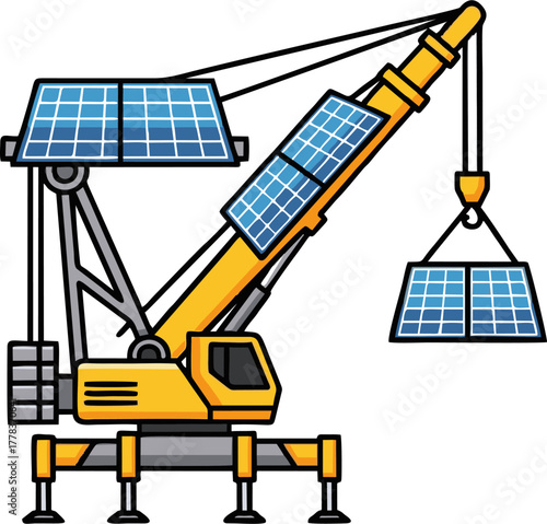 Solar panel installation crane lifting and placing photovoltaic modules for energy.