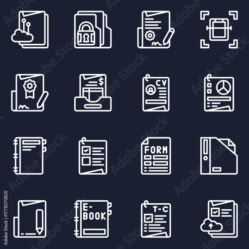 Document management and office file vector icon collection. A linear illustration set for business and technology concepts