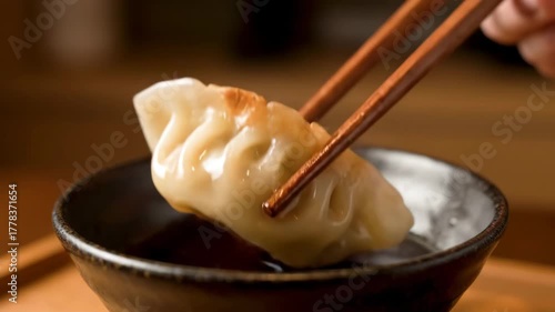 Golden brown dumpling held by chopsticks drips sauce into a dark ceramic bowl.