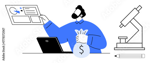 Researcher analyzing project data with a laptop and holding a fund bag near a microscope and pencil. Ideal for science, education, research, finance, analysis, funding, laboratory work. Simple flat