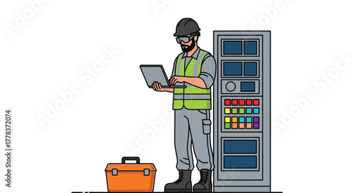 Engineer working on server maintenance using laptop illustration