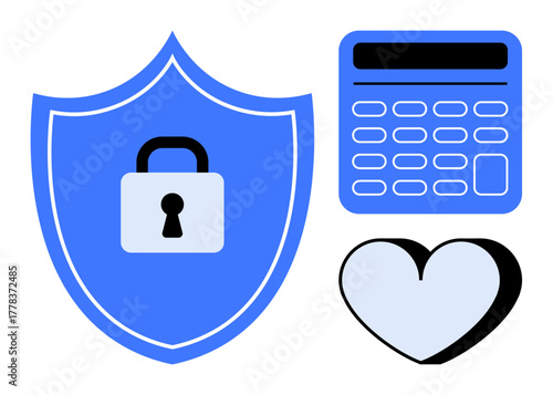 Blue shield with lock, calculator, and heart emphasizing data security, financial management, and emotional well-being. Ideal for technology, finance, relationships, protection safety