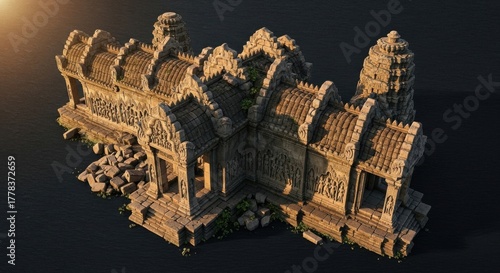 Ancient Stone Temple Ruins Surrounded by Water Under Warm Sunlight
