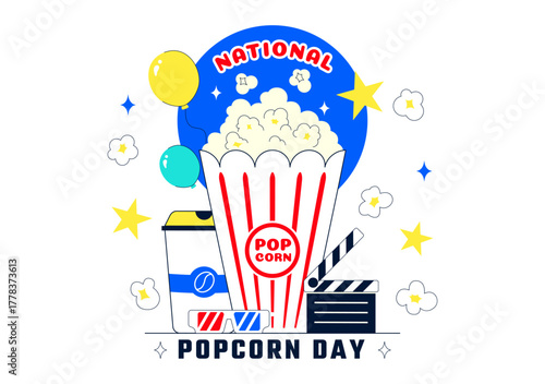 National Popcorn Day Vector Illustration On January 19 Featuring A Big Box Of Popcorn For Enjoying Movies In A Flat Style Cartoon Background