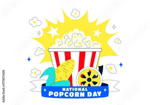 National Popcorn Day Vector Illustration On January 19 Featuring A Big Box Of Popcorn For Enjoying Movies In A Flat Style Cartoon Background