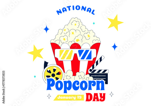 National Popcorn Day Vector Illustration On January 19 Featuring A Big Box Of Popcorn For Enjoying Movies In A Flat Style Cartoon Background