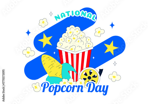 National Popcorn Day Vector Illustration On January 19 Featuring A Big Box Of Popcorn For Enjoying Movies In A Flat Style Cartoon Background