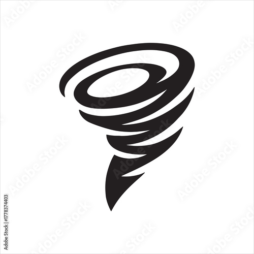 Abstract tornado vortex in black and white design symbolizing weather phenomena with powerful swirling motion and dynamic energy against a plain backdrop