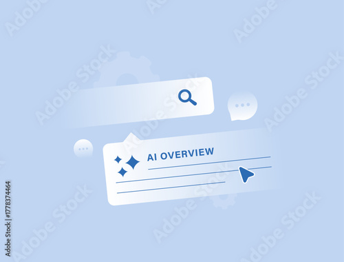 AI overviews concept improving generative search experience with summarized answers, contextual understanding. Reliable content powered by large language models and advanced algorithms illustration
