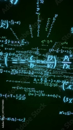Greenscreen Background Element with camera flies through math formulas on calculations functions equations matrix made up of abstract cognitive process concept seamless loop chromakey distortion