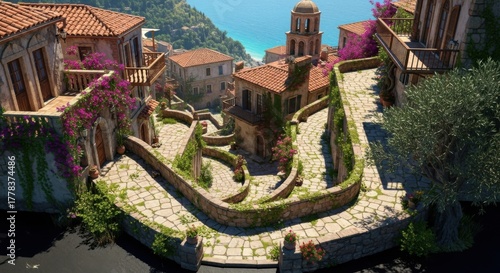 Charming Mediterranean Village Street with Cobblestone Path and Colorful Flowers Overlooking Ocean