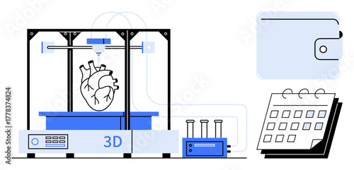 3D printer creating heart model, lab equipment nearby, calendar and wallet representing innovation, planning, cost, and healthcare. Ideal for medical, technology, research innovation future