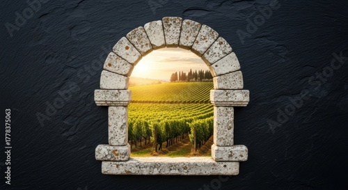 Stone Window Frame Looking Out Onto Vineyard Sunset Landscape