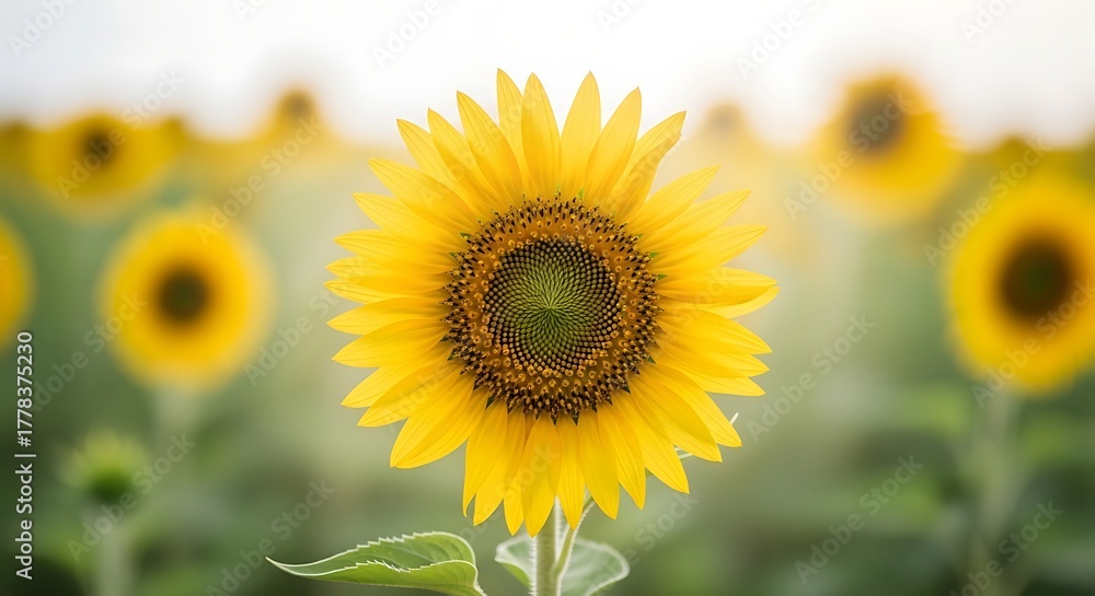 Fototapeta premium A close up of a vibrant sunflower in a field with other sunflowers blurred in the background view