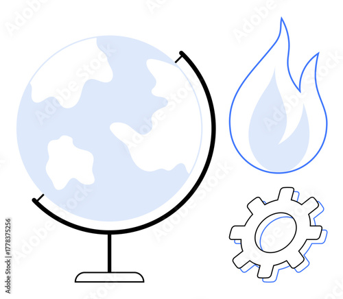 Earth globe with continents, flame, and gear symbolizing global awareness, energy resources, and industrial innovation. Ideal for sustainability, environment, energy, technology development