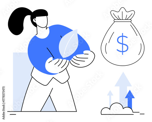 Woman holding leaf symbolizing eco-consciousness, money bag highlighting wealth, arrows denoting growth. Ideal for sustainability, finance, investment, growth, environment, eco-friendly business