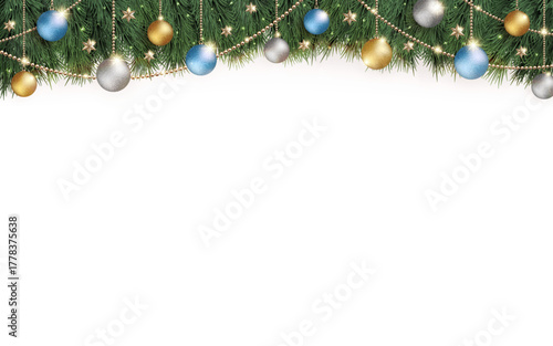 キラキラ光り輝くクリスマスの飾りと、ワイドな白無地の背景