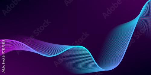 Abstract background with glowing lines. Dark horizontal background of wavy bright blue pink lines. Modern technology futuristic concept, abstract wavy lines background.