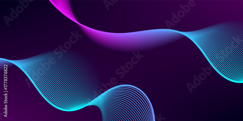 Abstract background with glowing lines. Dark horizontal background of wavy bright blue pink lines. Modern technology futuristic concept, abstract wavy lines background.