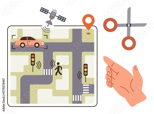 Car and pedestrian on city map with GPS pin, satellite, traffic lights, hand pointing, and scissors. Ideal for navigation, mobility, transportation, urban planning innovation safety simple flat