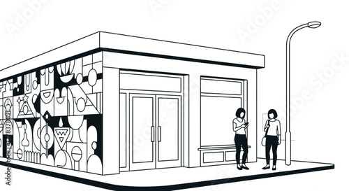Storefront building with mural art and people shopping vector