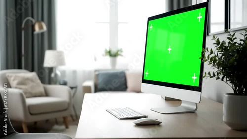 Wallpaper Mural Virtual Background Ready with side view of man sitting in front computer big green screen mock up chroma typing on the keyboard he is living room his house distortion, overlay, glitch, static noise Torontodigital.ca