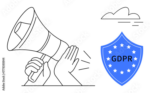 Hands holding a megaphone alongside GDPR shield and cloud. Ideal for privacy, compliance, data security, communication, regulation, awareness campaigns, and digital safety. Clean simple flat
