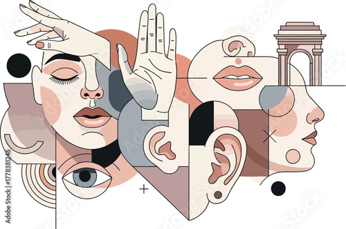 Abstract illustration of facial features and india gate with geometric shapes on white