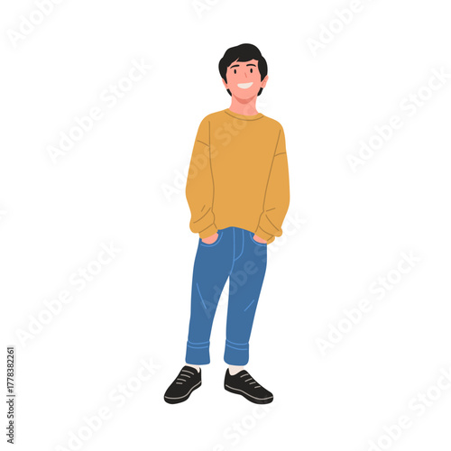Smiling boy wearing mustard sweater, blue rolled-up jeans, and black sneakers. Cute child character illustration, isolated on white background, flat vector art style.