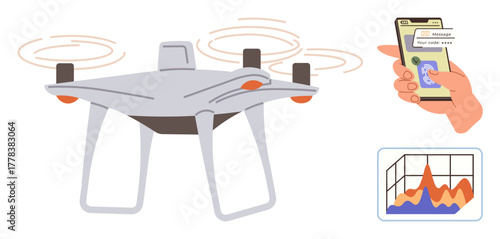 High-tech quadcopter in flight linked to mobile app for control, data visualization on screen. Ideal for technology, innovation, communication, tracking, monitoring, research exploration. Simple