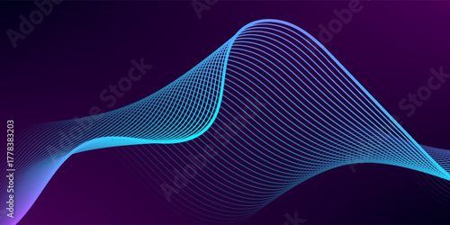 Abstract background with glowing lines. Dark horizontal background of wavy bright blue pink lines. Modern technology futuristic concept, abstract wavy lines background.
