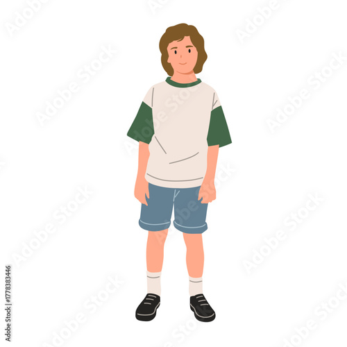 Smiling boy with curly hair wearing green and white t-shirt, denim shorts, and sneakers. Cute child character illustration, isolated on white background, flat vector art style.