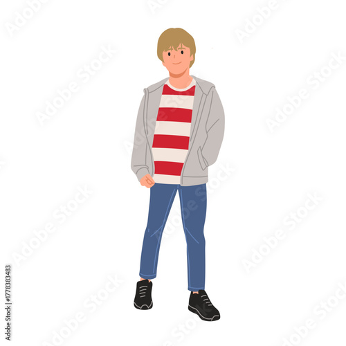 Smiling boy wearing gray jacket, red and white striped t-shirt, blue jeans, and black sneakers. Cute child character illustration, isolated on white background, flat vector art style.