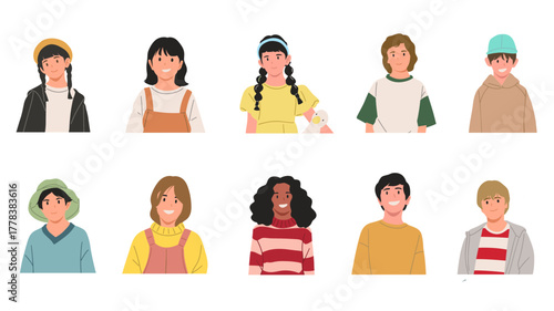 Collection of cute children portraits with different hairstyles and outfits. Diverse boys and girls smiling faces illustration, isolated on white background, flat vector character design.