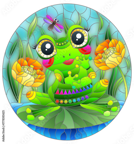 An illustration in the style of a stained glass window with a frog princess on a background of sky and flowers