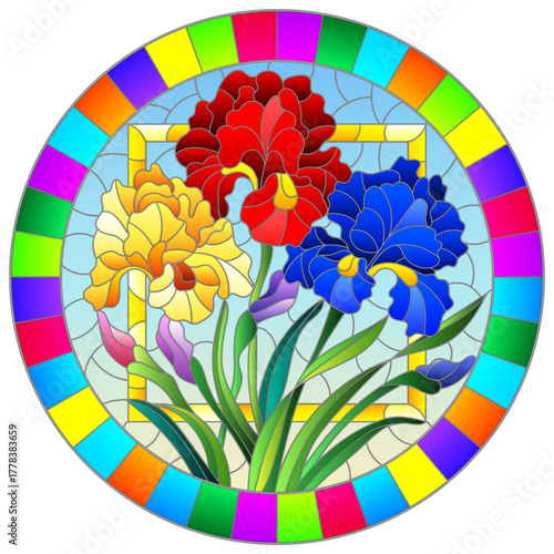 Illustration in stained glass style with a bouquet of bright irises on a blue background
