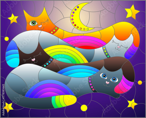 An illustration in the style of a stained glass window with bright cats on the background of the night sky with the moon and stars