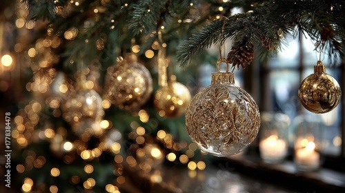 A close up of golden ornaments hanging from a fir branch with reflections of twinkling lights creating a luxurious and elegant Christmas atmosphere