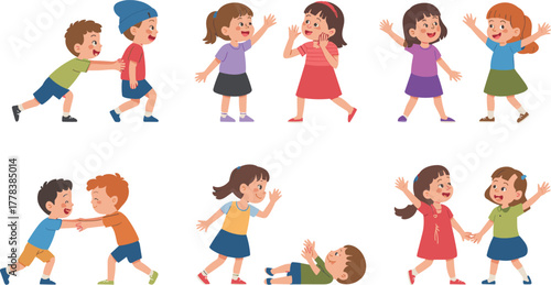 Happy children playing together outdoors, kids friendship illustration, boys and girls activities, childhood fun moments, flat cartoon vector design, teamwork concept