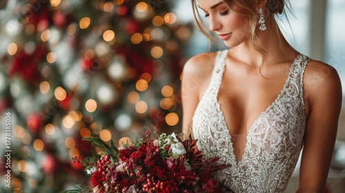 A close up of a bride holding a red bouquet beside a decorated Christmas tree glowing with fairy lights symbolizing love and celebration