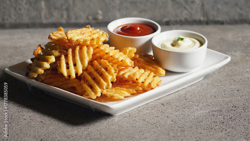 homemade waffle fries with dipping sauces in a white plate.ai  