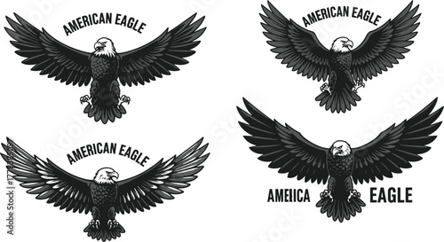 American eagle vintage illustration, detailed flying bald eagle emblem, patriotic bird wings spread, retro wildlife symbol, monochrome vector design for branding and merchandise